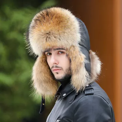 Men's Real Fox Fur Hat Russian Ushanka Cossack Trapper Hat Real Leather Cap  • $34.68