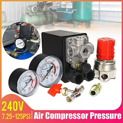 90-120PSI Air Compressor Pressure Switch Valve Control Manifold Regulator Gauge≖ • $32.69