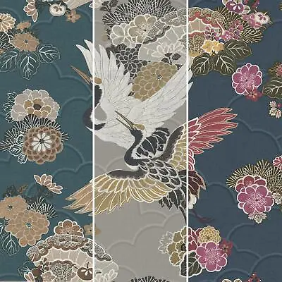 £12.99 • Buy Navy Grey Kyoto Crane Wallpaper Textured Oriental Japanese Birds Floral
