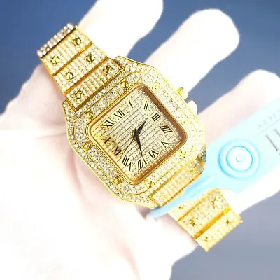 Luxury Mens Iced Out - TANK SANTOS XL HOMAGE - Yellow Gold Diamond Bling Watch • £24.99