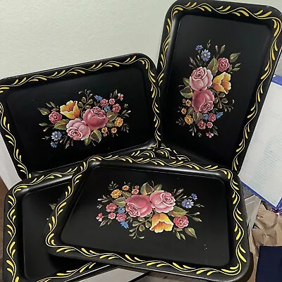 7 Tin LARGE Vintage Hand Painted Tole Tray  Black  Rose Flowers 12.5x17 Toleware • $39.99