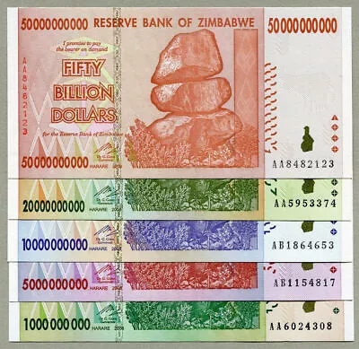 Zimbabwe 50 20 10 5 1 Billion Dollars Banknotes 2008 Full Set UNC Currency Bills • $86.15