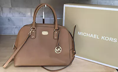 Michael Kors Sandrine Sand Brown Saffiano Leather Large Satchel Tote Bowling Bag • £59.99