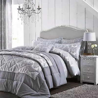 Catherine Lansfield Damask Jacquard Grey Duvet Covers Luxury Quilt Bedding Sets • £21