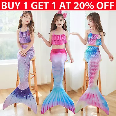 Kids Girls Mermaid Tail Swimming Costume Swimmable Bikini Set Swimsuits Monofin • £13.32