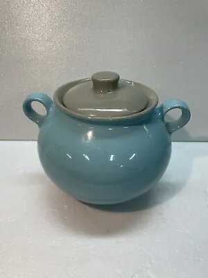 Vintage Bean Pot Turquoise Gray Double Handle W/ Lid. Stoneware Pottery • $18