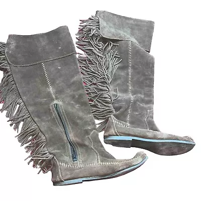 MINNETONKA Suede Fringe TALL Moccasin Boots Size 8  STYLE 181888020 Back Finge 8 • $65