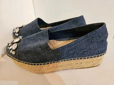 Miu Miu Prada Denim Jewel Espadrille Wedge Platform Shoes 40.5 Made In Italy • $200