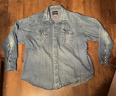 Wrangler Shirt 2XL Denim Western Pearl Snap Long Sleeve Vintage Cowboy Workwear • $25