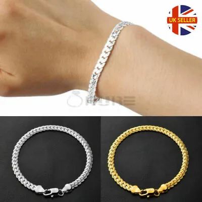 Mens Boys Curb Chain Diamond Cut Cuban Link Bracelet Lobster Clasp Silver Gold • £4.99