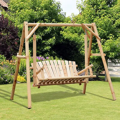 Outdoor 2 Seater Porch Swing Wooden Rustic Patio Bench Hammock W/ Armrest • £164.99