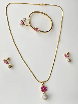 £14.50 • Buy Indian/Pakistani Pink AD Zircon Combo Jewellery Set With Adjustable Ring
