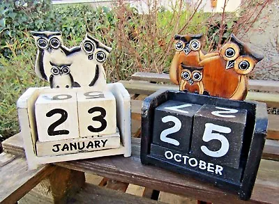 £999.99 • Buy Fair Trade Indonesian Hand Carved Made Wooden Shabby Owl Bird Perpetual Calendar