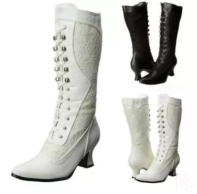 Ladies Steampunk Cowboy Boots Pointed Toe Mid Heels Lace Wedding Mid Calf Boots • £35.12