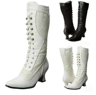 UK Women Steampunk Mid Calf Boots Pointed Toe Lace Wedding Boots Mid Heels Shoes • £44.39