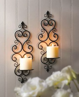 Pair Black Scrolled Iron Wall Sconce Candle Holder Light Lamp Lantern Home Decor • $38.89