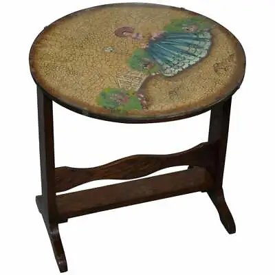 £125 • Buy Rare English Oak Tilt Top Side Table With Hand Painted Picture Glass Case Lovely