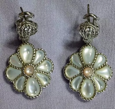 Vtg JUDITH RIPKA Mother Of Pearl&CZ Sterling  Dangle Omega Post Earrings NEW! • $90