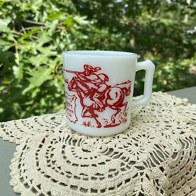 VINTAGE Original Davy Crockett Milk Glass Mug Hazel Atlas Red 1950s Small 6oz • $12.49