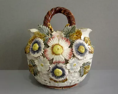 Antique Majolica Floral Basket Vase Flower Leaf Sand Pottery Pot • £20