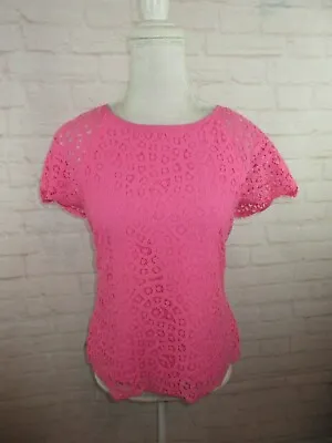 J.Crew Women's Size 2 Hot Neon Pink Lace Crochet Overlay Short Sleeve Top • $9.99
