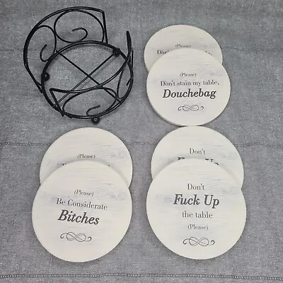 Coasters Modern Farmhouse Funny 6 Piece Greige Ceramic With Metal Holder • $13