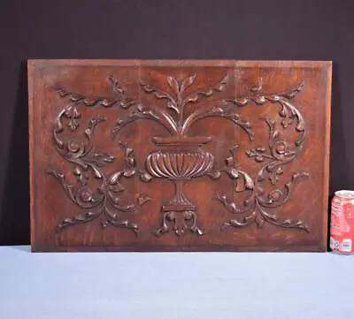 French Antique Deeply Carved Solid Oak Wood Panel With Carvings And Vase • $125