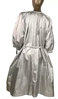 I.N.C. Women's Coat XL Silver Metallic Belted Light Weight Midi 3/4 Puff Sleeve • $39.99