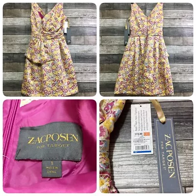 $14.99 • Buy Zac Posen Target Shimmer Floral Dress Women’s 1 Yellow Pink NWT!