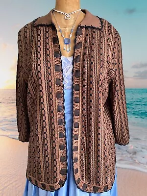 Ming Wang Cocoa Brown Knit Sweater Cardigan XL 44 Link Stripe Ribbon Jacket • $42.50