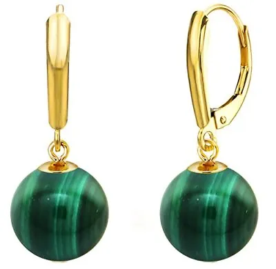 Pearl Earrings 14k Yellow Gold Lever-back 10mm Round Green Malachite • $98.99