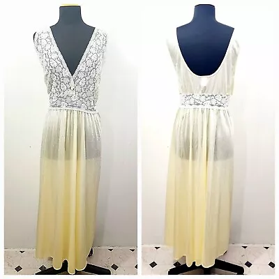 Vintage 1960s Peignoir Lace Nylon Maxi Sleep Dress Nightgown Soft Yellow Size 4X • $30