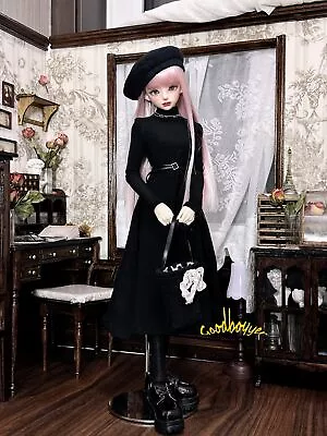 1/6 1/4 1/3 BJD Clothes Outfit Solid Black Long Sleeve Dress Thin Belt / Chain • $18.83