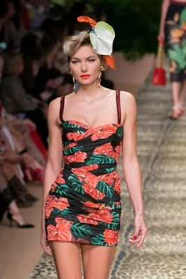 AUTH SS2020 Dolce&Gabbana Floral Printed Bustier Corset Cotton Ruched Dress 44it • $950