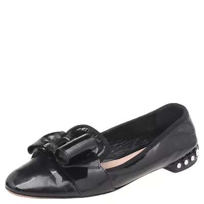 Miu Miu Black Patent Leather Bow Crystal Embellished Smoking Slippers Size 39 • $171.15