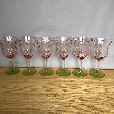 6 Vintage Tiffin? Watermelon Pink Optic Bowl Green Stem 6.5” Wine Glasses - Nice • $175