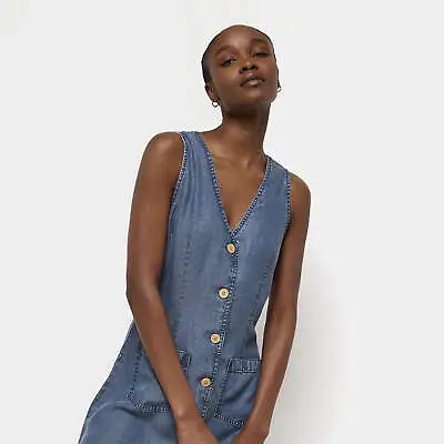 £7 • Buy River Island Womens Mini Dress Blue Denim Front Pockets Sleeveless Casual Outfit