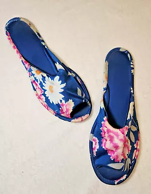 Vtg Vanity Fair Slippers House Shoes Blue Floral Daisy Peony Large • $27.50