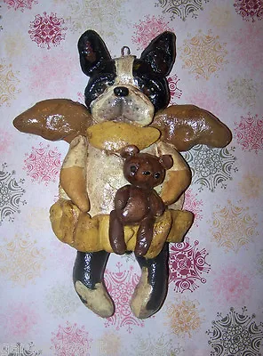 Folk Art Whimsical Boston Terrier Dog Angel Ornament  Nostalgic Vintage  • $53