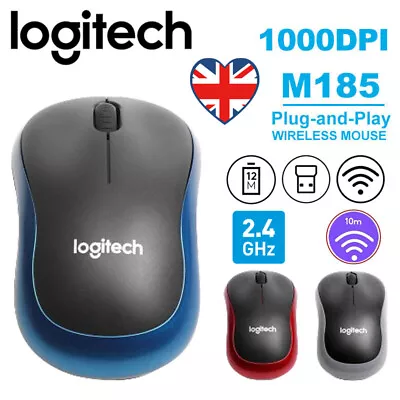 Logitech M185 Wireless Optical Mouse + USB Receiver Fit Compact PC Laptop Mouse • £6.99