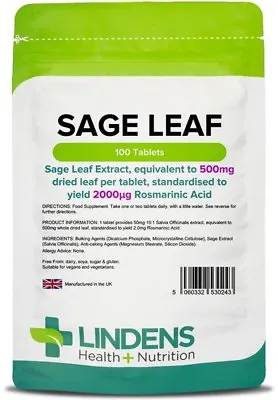 Sage Leaf 500mg X 100 Tablets; Menopause; Lindens • £7.75