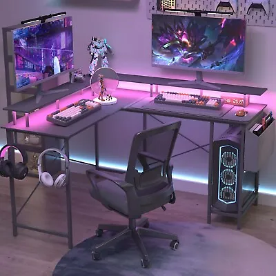 L Shaped Desk Metal Frame Gaming Desk With LED Lights & Power Outlets  Black • $165.90