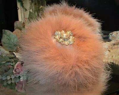 Dusting Powder Body Puff ~ White Fur Trimmed In Marabou Down ~ Rhinestone Handle • $34.95