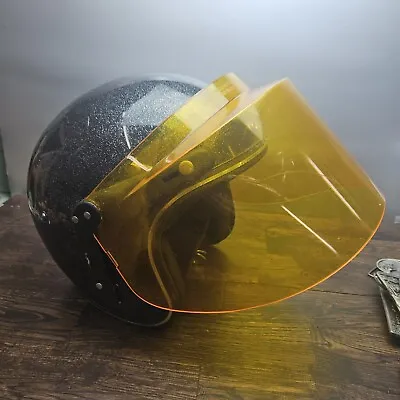 Vintage Metal Flake Motorcycle Helmet SILVER  Sparkle 70's 80s Yellow VISOR • $68