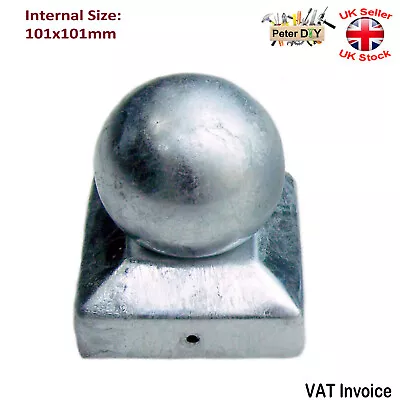 GALVANISED SQUARE Metal Fence Gate Post Cap Caps Flange Size 101x101 Mm BALL TOP • £6.77