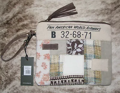 Myra Bag #8919 Upcycled Canvas Rug Leather 10 X8  Pouch Makeup Clutch~Pan Am~ • $39.23