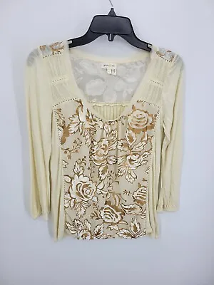 Meadow Rue Top Womens Small Ivory Floral Mixed Media Scoop Neck Boho Peasant • £27.52
