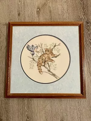 Vintage Needlepoint Picture Framed Matted Glass Bird Cat Bluebird 16x16   • $20