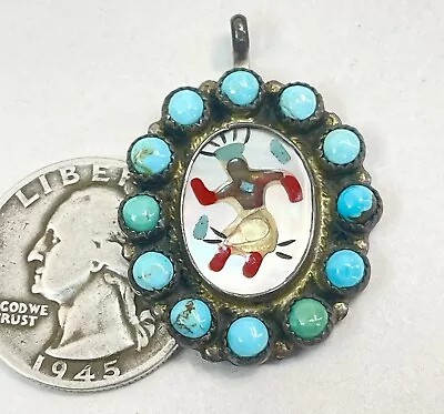 Sterling Silver Turquoise Kachina Dancer 12Stone Pendant 35mm Old Pawn AZ Estate • $81.97