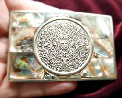 Vintage MAYAN CALENDER Abalone Shell Inlay Belt Buckle Mexican Silvertone Metal • $59